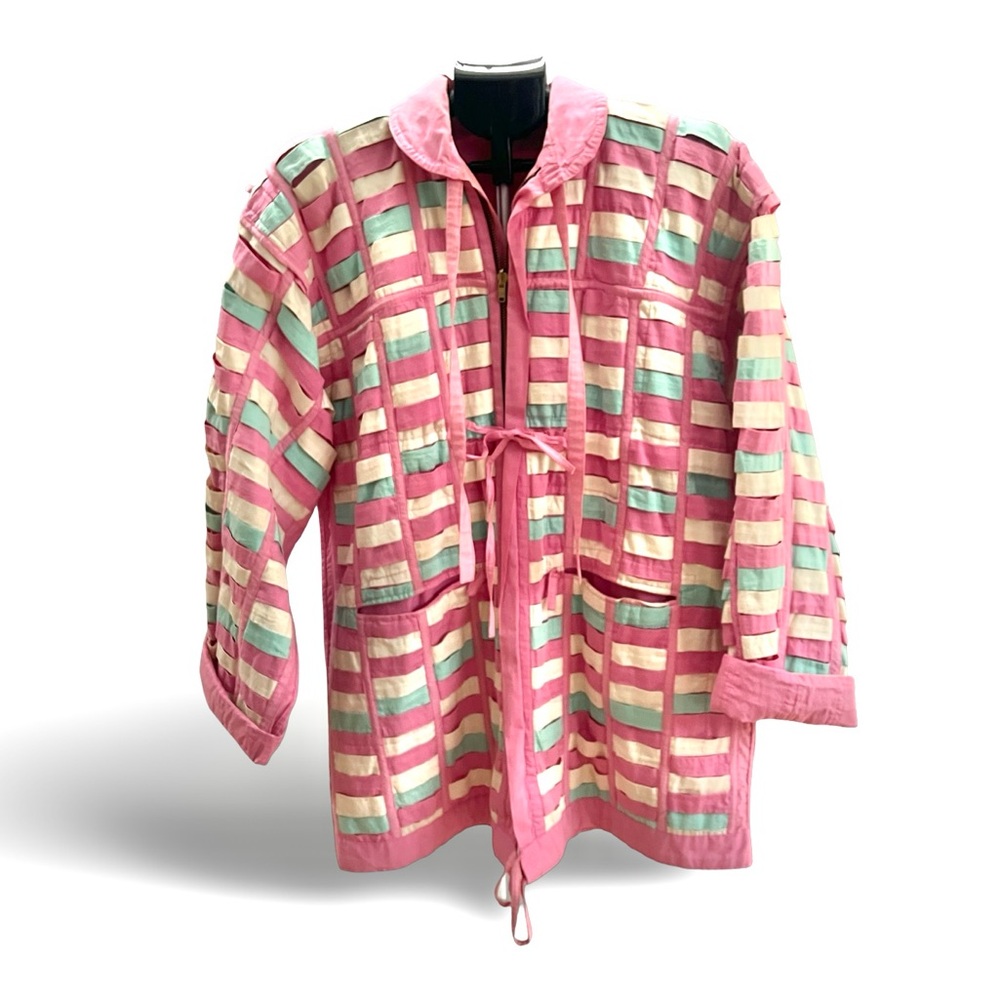 Vintage 1980s Contempo Casuals TRIBE Field Jacket Cotton Sz Large Ribbons Pink